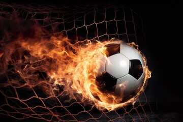 Close up of a fiery soccer ball kicked with power at the stadium - obrazy, fototapety, plakaty