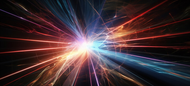 Powerful explosion of colliding particles, science concept. Burst of red and blue light.
