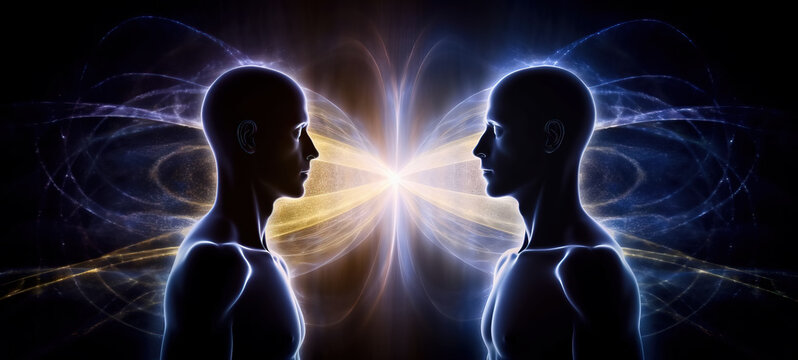 Two male human figures with glowing light and energy between them, on dark background.