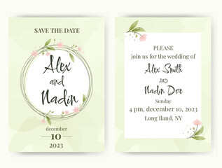 Wedding invitation with watercolor background and flowers.	