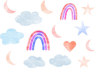 Watercolor set moon rainbow clouds heart