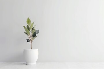 Empty white wall background with plant in vase mockup for neutral interior design, Generative AI