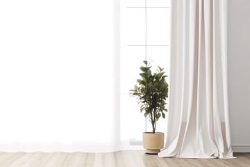 Wall with a potted plant, wooden floor and white curtain in the background, Generative AI
