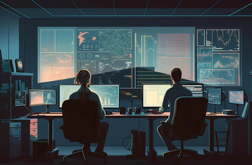 Two people looking at graphs in their office, Ai Generative