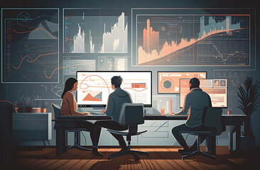 Two people looking at graphs in their office, Ai Generative