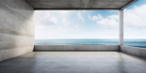 A minimalist room with a concrete wall backdrop and breathtaking sea view, Generative AI