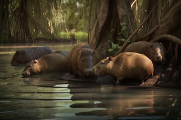 capybaras in the water, generative ai