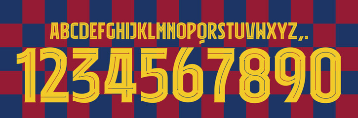 font vector team 2019 kit sport style font. football style font with lines and points inside. messi. Barca font. spain. sports style letters and numbers for soccer team