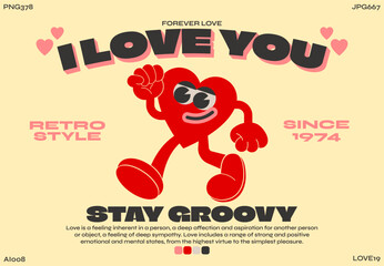 Cartoon characters retro heart 90s. Trendy poster. funny colorful doodles in hippie style. Vector groovy illustration with typography valentine's day