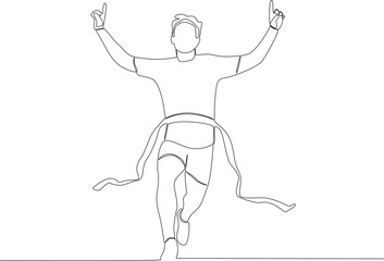 A runner poses while winning a race. Finish line one-line drawing