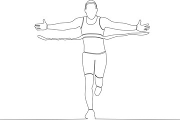 A man running while stretching his arms. Finish line one-line drawing