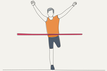 Color illustration of a running athlete reaching the finish. Finish line one-line drawing