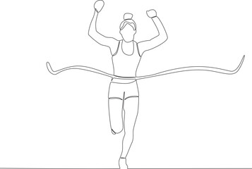 A happy female runner raises her hand to the finish. Finish line one-line drawing
