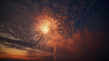 オレンジ一色で美しく放物線を描く花火　Generative AI