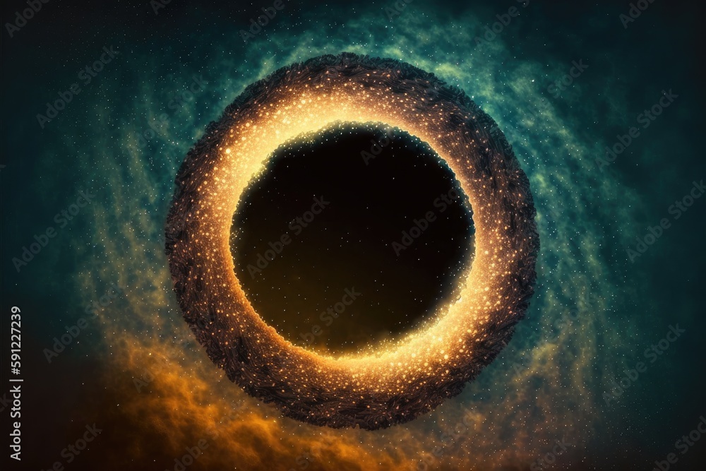Poster abstract in glowing neon starlight and particles in circle shape. concept of fantastic sparkle dust 