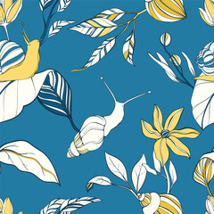 Seamless pattern with exotic flowers in yellow and blue colors
