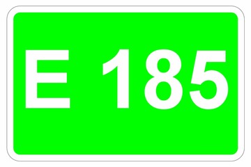 Illustration eines Europastraßenschildes der E 185 in Europa	