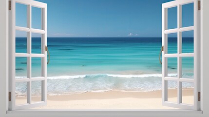 Hintergrundbild mit einem offenen Fenster mit Blick auf einen wunderschönen Strand und das Meer, Generative AI
