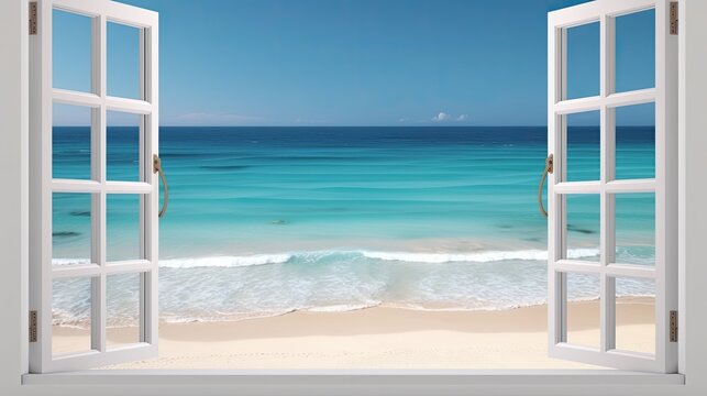 Hintergrundbild mit einem offenen Fenster mit Blick auf einen wunderschönen Strand und das Meer, Generative AI