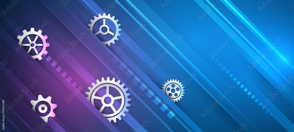 Poster The mechanism consisting of gears on a blue background for the presentation. Cogwheel for science experiment presentation. Futuristic high tech concept. Business and industry internet banner