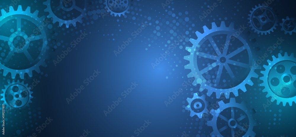 Aufkleber Business and industry internet banner. The mechanism consisting of gears on a blue background for the presentation. Cogwheel for science experiment presentation. Futuristic high tech concept.