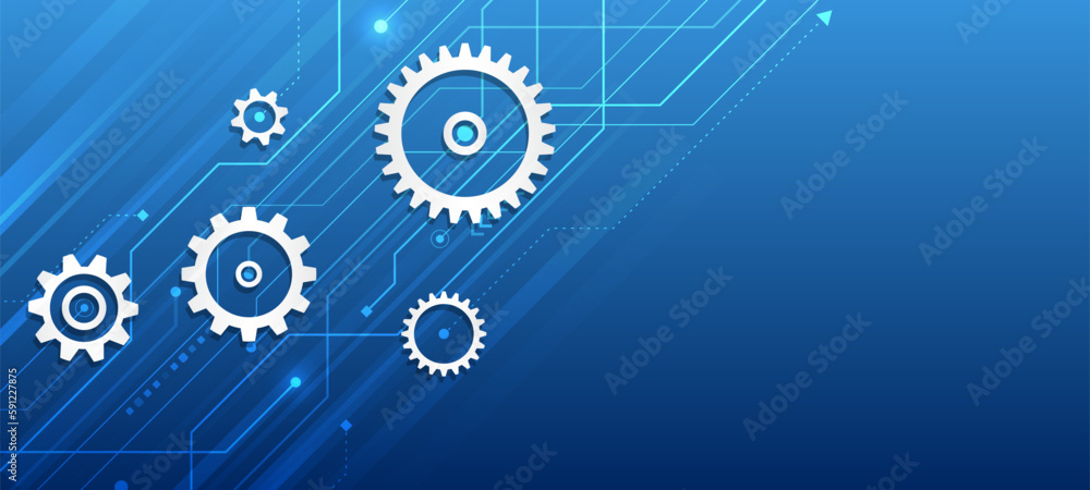 Poster The mechanism consisting of gears on a blue background for the presentation. Cogwheel for science experiment presentation. Futuristic high tech concept. Business and industry internet banner