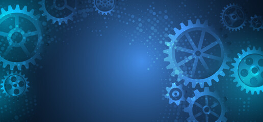 Business and industry internet banner. The mechanism consisting of gears on a blue background for the presentation. Cogwheel for science experiment presentation. Futuristic high tech concept.