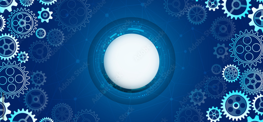 Aufkleber Futuristic high tech concept. Business and industry internet banner. The mechanism consisting of gears on a blue background for the presentation. Cogwheel for science experiment presentation.