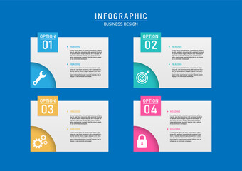 business infographic 4 options square multi colored icons various shapes on corners with numbers and letters blue background design for choice marketing, finance, investment, product, planning, growth