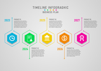 timeline infographic multi colored hexagons with lines Business and product growth planning 5 years. Multiple icons in the middle. gray gradient background Designed for marketing, investing, finance.