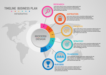 6 step timeline infographic Multi colored circles with dotted lines. Business growth planning for success. Several icons in the center of the world map below. gray gradient background