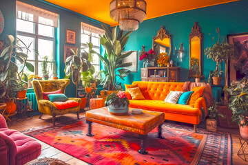 Maximalist modern living room in bright earth tones colors.  Contemporary space designed in bold colors with big windows for natural light. 
