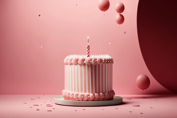 birthday cake with candle and pink background made with generative ai