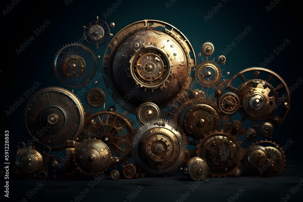 Wall mural a steampunk-inspired solar system with gears and cogs as planets. generative ai.