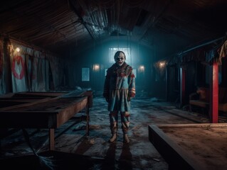 Obraz na płótnie Canvas Circus of Horrors: Explore the abandoned amusement park with a haunted clown, generative ai
