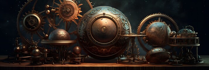A steampunk-inspired solar system with gears and cogs as planets. Generative ai.