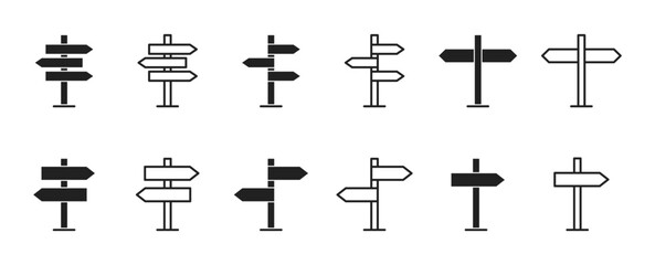 Pillar with aroows that shows road path direction icon set. Black and linear. Vector EPS 10