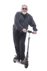 Fototapeta na wymiar elderly man standing on electric scooter. isolated on a white