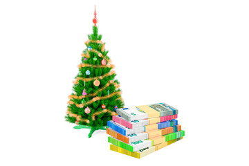 Christmas tree with euro packs. Christmas shopping concept, 3D rendering