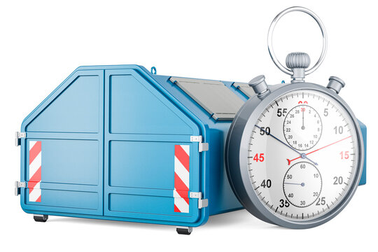Industrial waste skip with stopwatch, 3D rendering