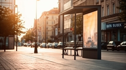 Plakat Blank billboard on sidewalk of city mockup for your advertising. Generative AI