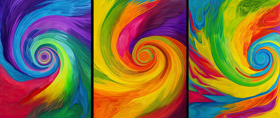 generative ai illustration of a rainbow colored tryptych with abstract swirl pattern