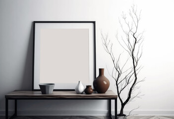 White square frame mockup in modern minimalist interior with plant in trendy vase on white wall background, Template for artwork, painting, photo or poster, generative ai