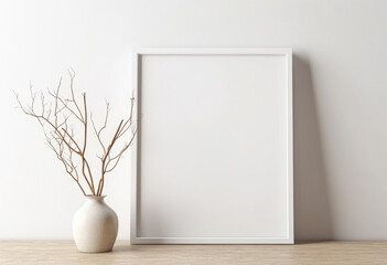 Fototapeta na wymiar White square frame mockup in modern minimalist interior with plant in trendy vase on white wall background, Template for artwork, painting, photo or poster, generative ai