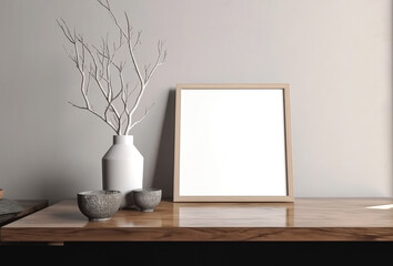 White square frame mockup in modern minimalist interior with plant in trendy vase on white wall background, Template for artwork, painting, photo or poster, generative ai