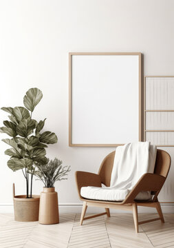 White square frame mockup in modern minimalist interior with plant in trendy vase on white wall background, Template for artwork, painting, photo or poster, generative ai