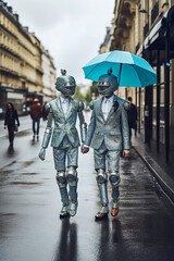 Generative AI illustration of couple of man and woman artificial intelligence robots in love dressed in trendy suits with sunglasses, hat and umbrella, walking through the streets