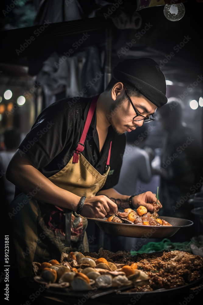 Wall mural Generative AI illustration of street chef in Bangkok Thailand cooks up a dish for happy customers at the night market