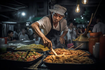 Generative AI illustration of street chef in Bangkok Thailand cooks up a dish for happy customers at the night market