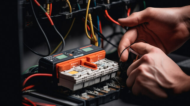 Detail Close Up Of Electrician Installing Electric Cable Wires And Fuse Switch Box With Multimeter In Hands. Generative AI